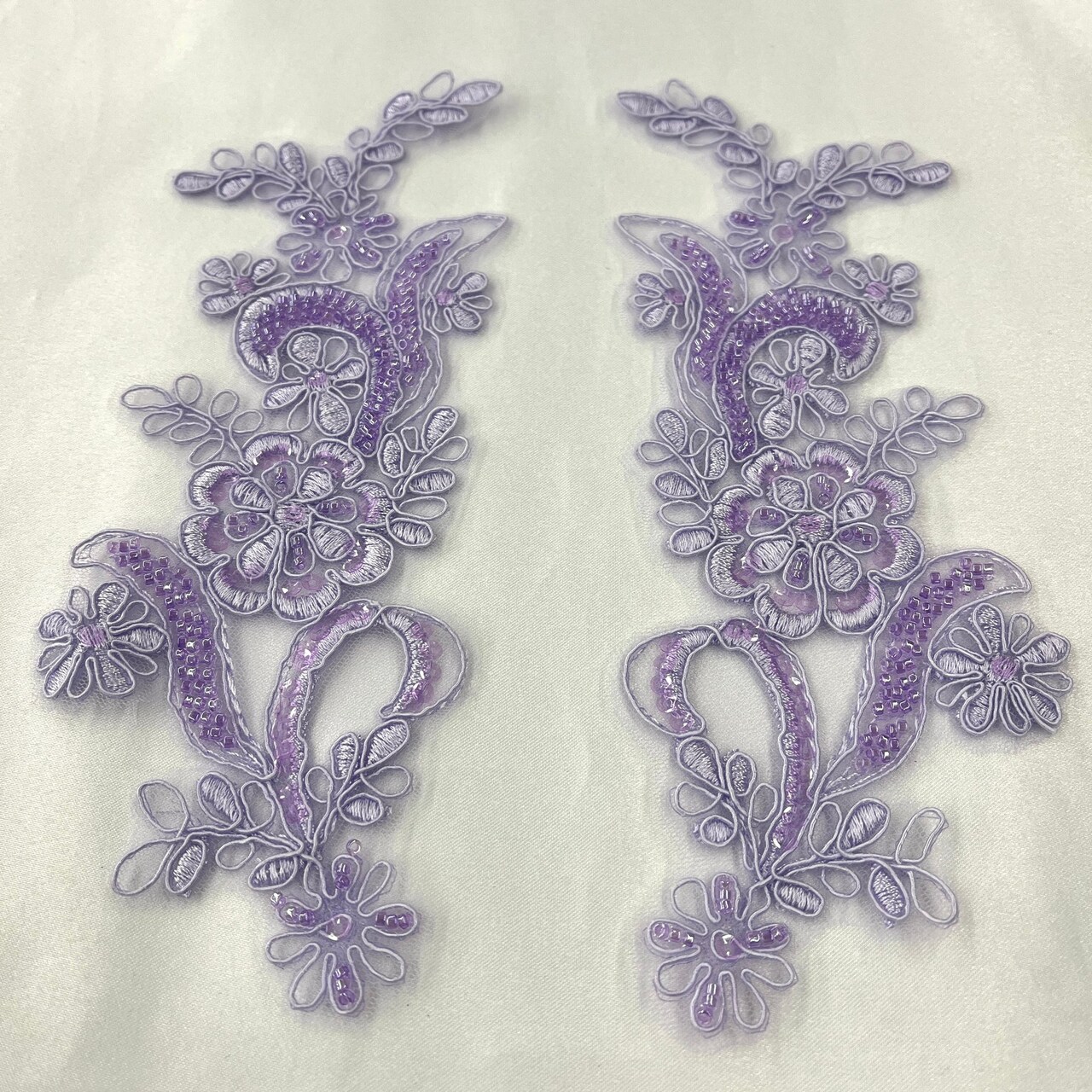 1 Pair Beaded & Corded Floral Lace Applique 9" x 2.5" Each Side